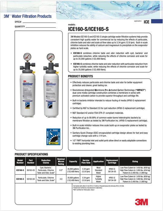 3M ICE160-S Single Cartridge Ice Machine Water Filtration System, 35,000 Gal